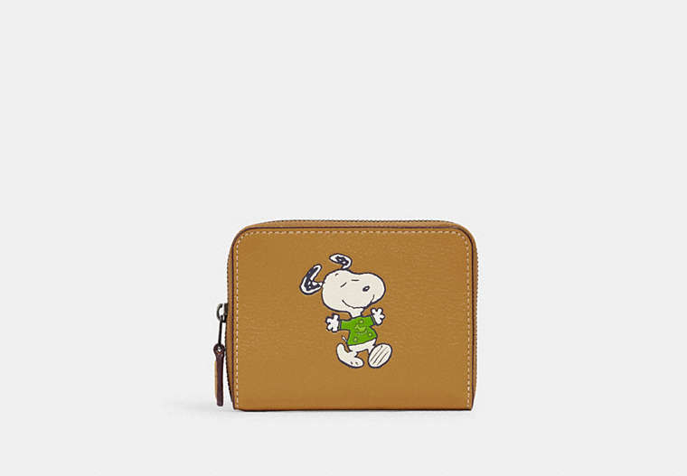 COACH®,COACH X PEANUTS SMALL ZIP AROUND WALLET WITH SNOOPY WALK MOTIF,Refined Pebble Leather,Mini,Black Antique Nickel/Flax Multi,Front View