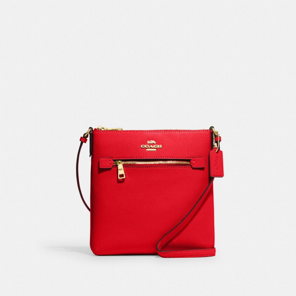 COACH®,MINI ROWAN FILE BAG,Crossgrain Leather,Anniversary,Gold/Electric Red,Front View
