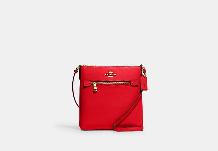 COACH®,MINI ROWAN FILE BAG,Crossgrain Leather,Small,Anniversary,Gold/Electric Red,Front View