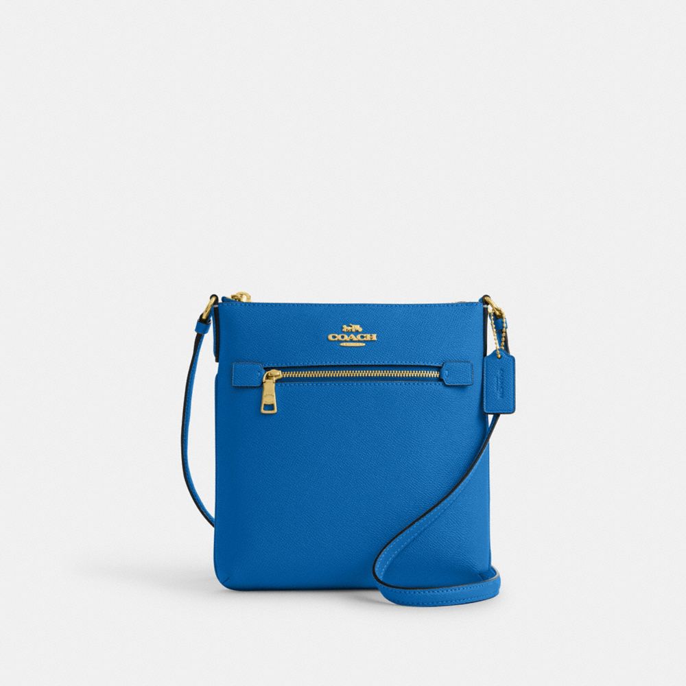 COACH®,MINI ROWAN FILE BAG,Crossgrain Leather,Anniversary,Silver/Bright Blue,Front View