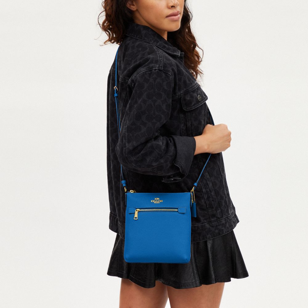 COACH®,Mini Rowan File Bag,Leather,Crossbody,Gold Metal,Casual,Blue,Detail View