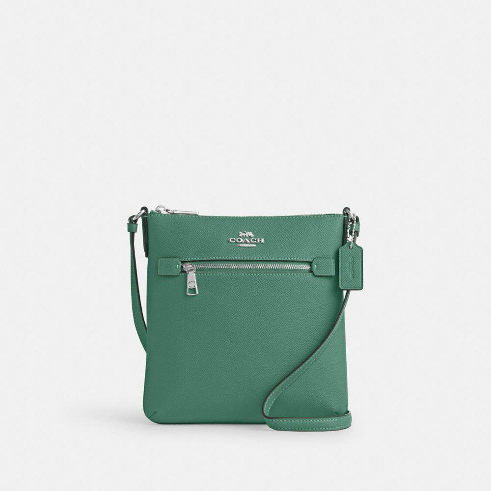 COACH®,MINI ROWAN FILE BAG,Crossgrain Leather,Anniversary,Silver/Bright Green,Front View