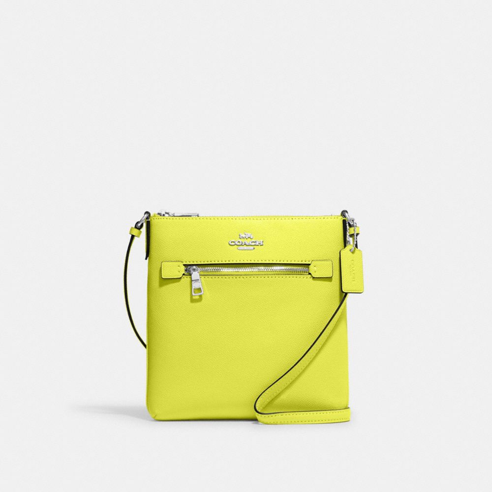 COACH®,MINI ROWAN FILE BAG,Crossgrain Leather,Anniversary,Silver/Bright Yellow,Front View