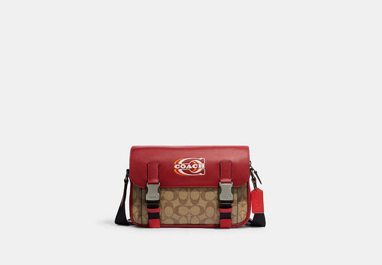 COACH®,TRACK CROSSBODY IN COLORBLOCK SIGNATURE CANVAS WITH COACH STAMP,Medium,Black Antique Nickel/1941 Red/Khaki Multi,Front View
