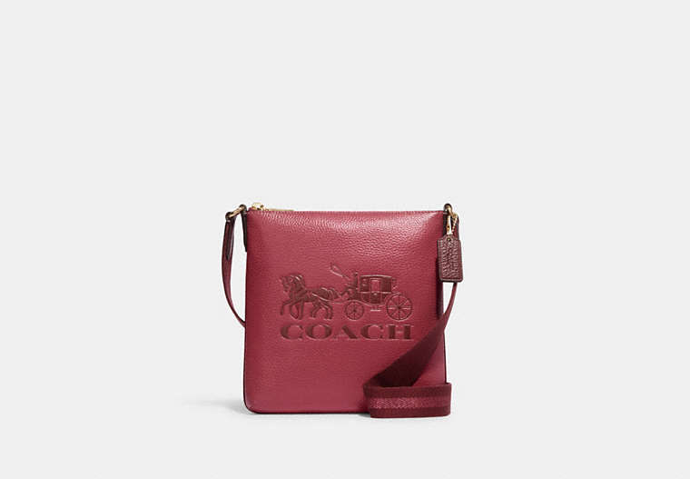 COACH®,MINI ROWAN FILE BAG WITH HORSE AND CARRIAGE,Refined Pebble Leather,Small,Gold/Rouge,Front View