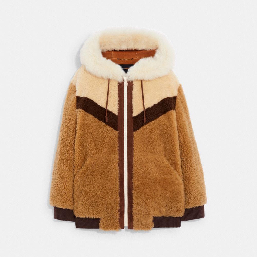 COACH®,SHEARLING SKI HOODIE,Caramel Multi,Front View