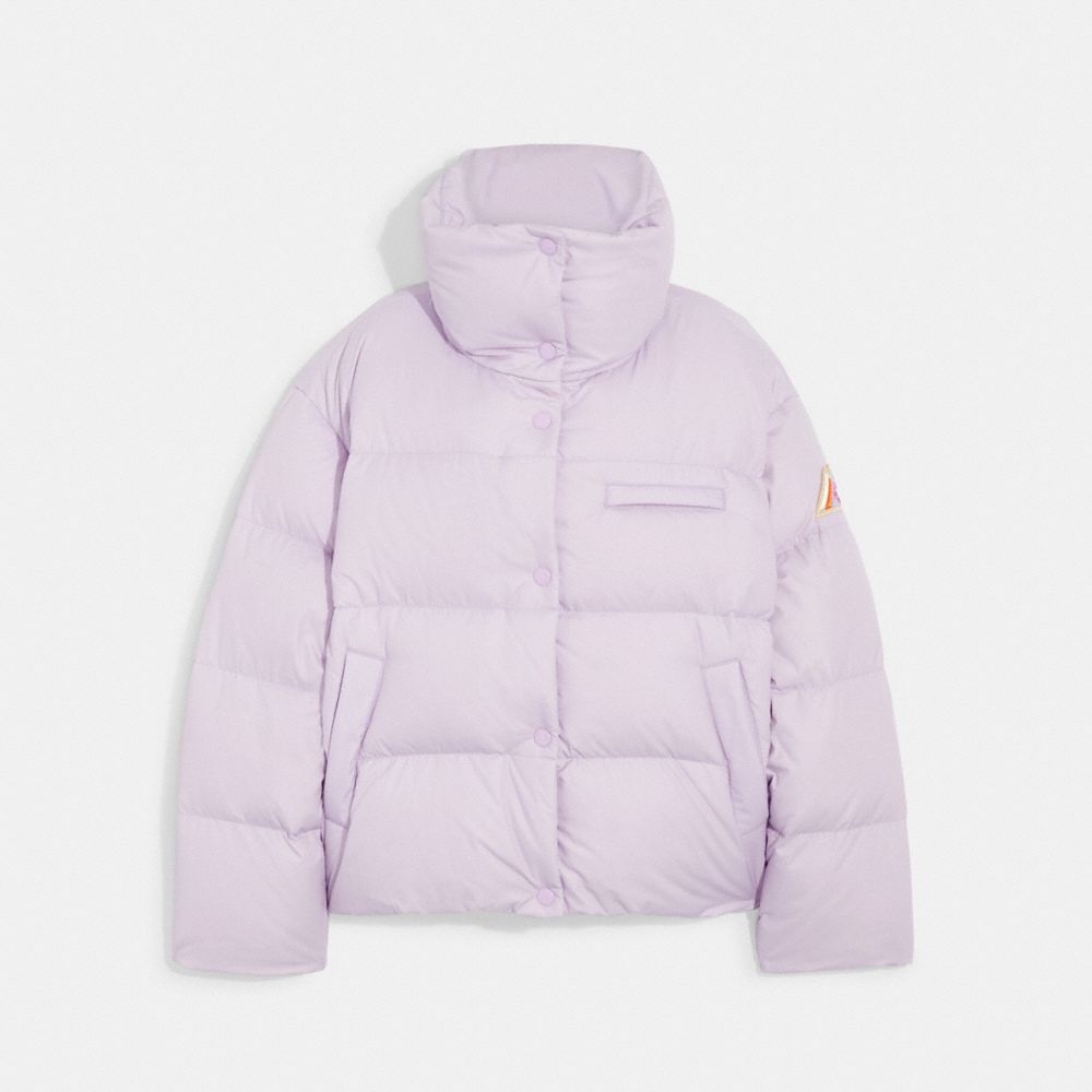 COACH®,SHORT PUFFER JACKET,Polyamide,Lavender,Front View