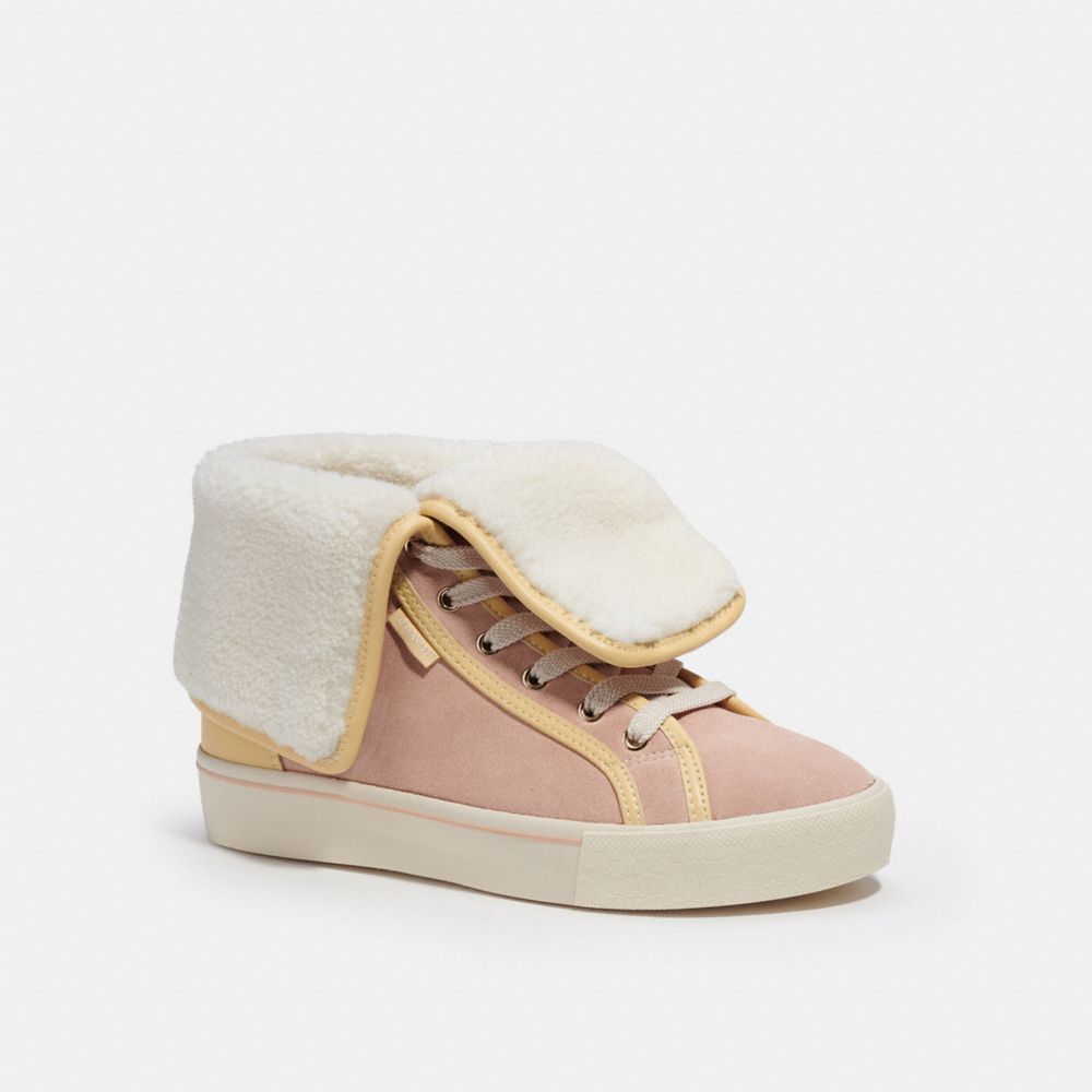 COACH®,CITYSOLE FOLDOVER HIGH TOP PLATFORM SNEAKER,Suede,Vanilla Cream/Pale Blush,Front View