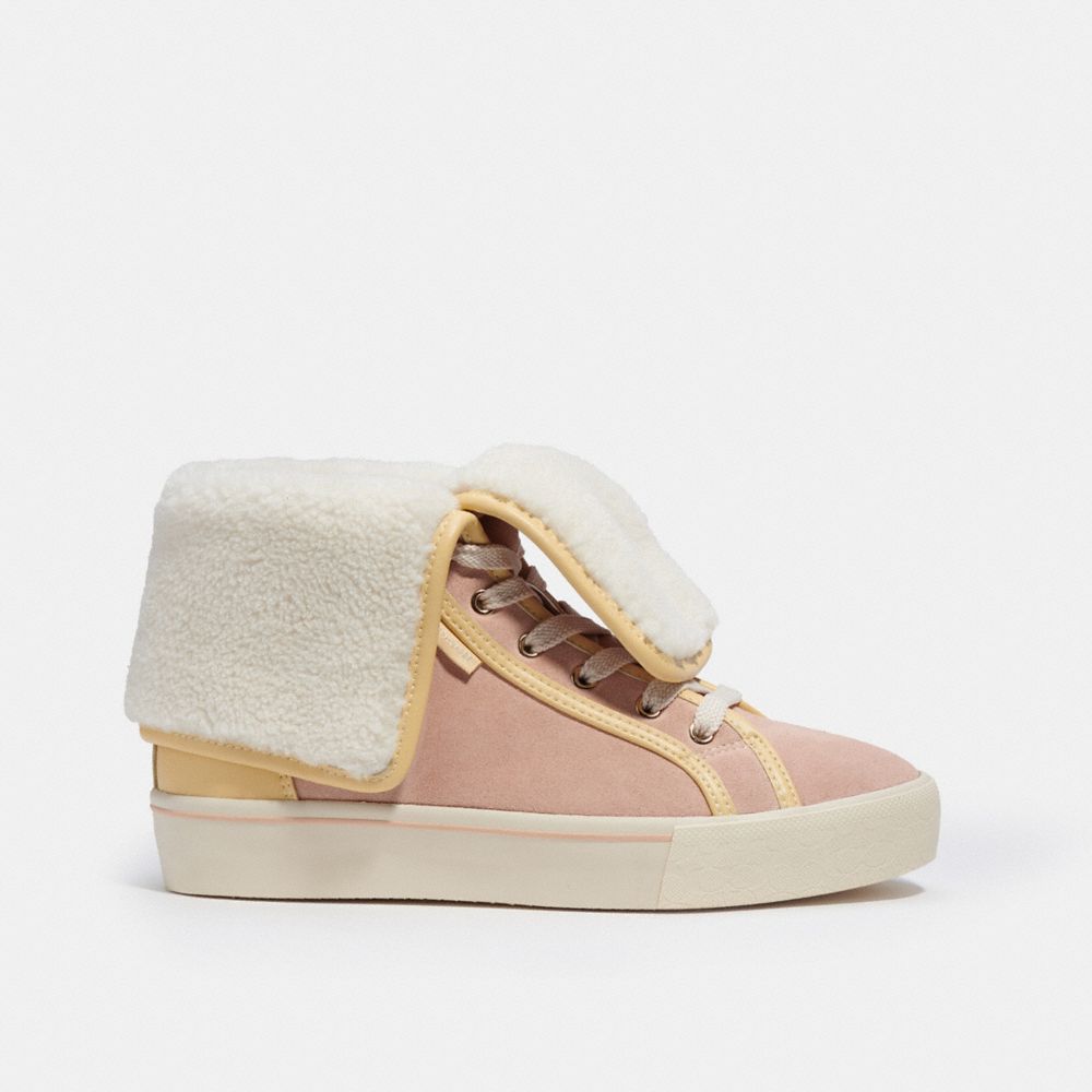 COACH®,CITYSOLE FOLDOVER HIGH TOP PLATFORM SNEAKER,Suede,Vanilla Cream/Pale Blush,Angle View