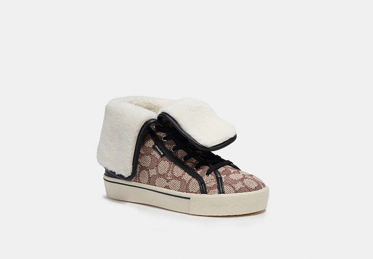 COACH®,CITYSOLE FOLDOVER HIGH TOP PLATFORM SNEAKER IN SIGNATURE JACQUARD,Leather,Cocoa/Black,Front View