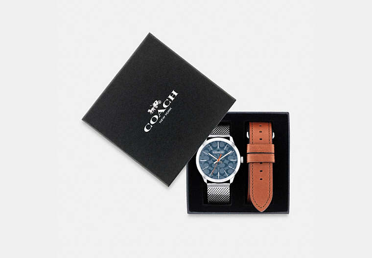 COACH®,BAXTER WATCH, 39MM,Stainless Steel,Stainless Steel/ Saddle,Front View
