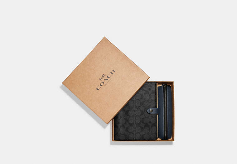 COACH®,BOXED NOTEBOOK AND PENCIL CASE GIFT SET IN COLORBLOCK SIGNATURE CANVAS,Signature Coated Canvas,Medium,Gunmetal/Charcoal/Denim,Front View