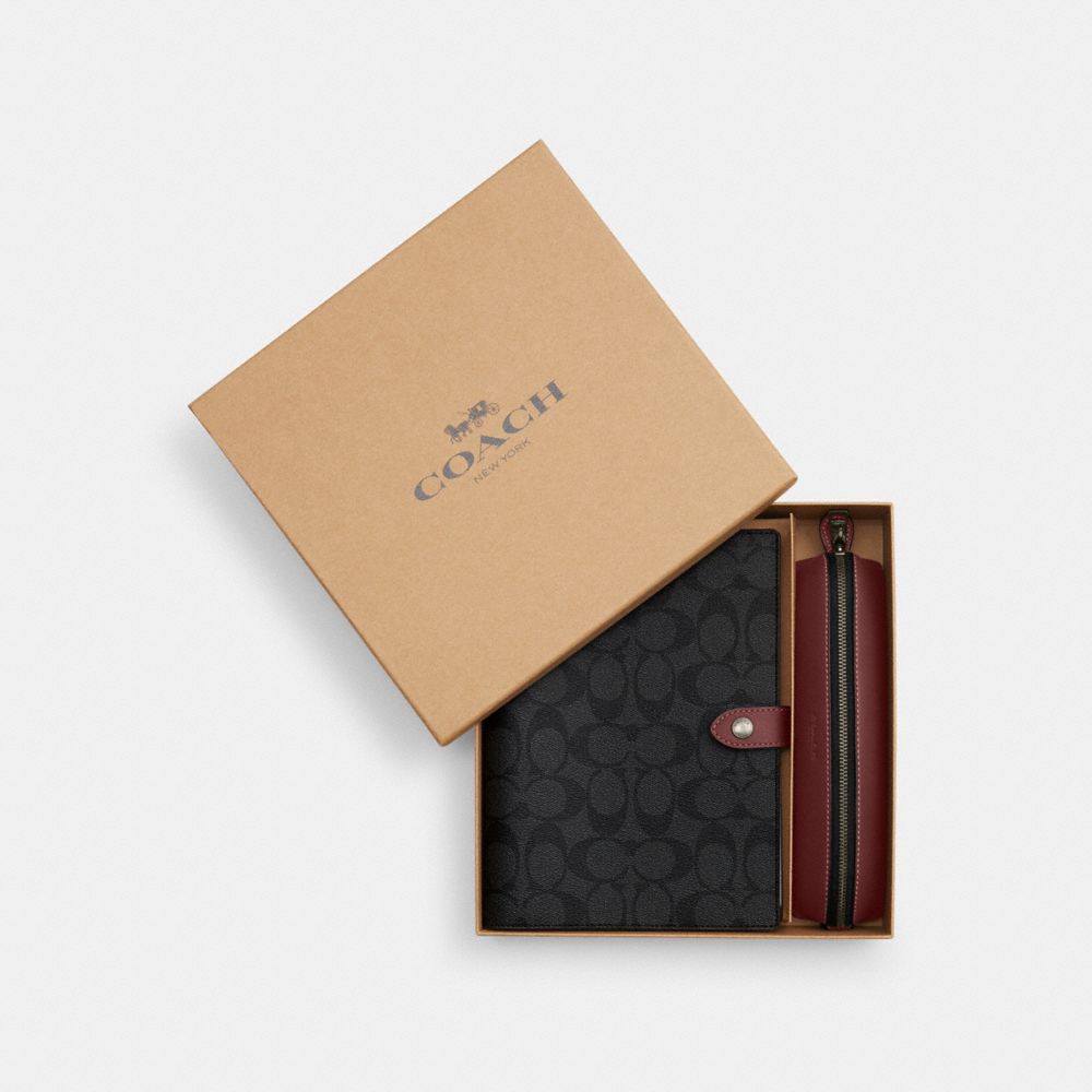 COACH®,BOXED NOTEBOOK AND PENCIL CASE GIFT SET IN COLORBLOCK SIGNATURE CANVAS,Black Antique Nickel/Charcoal/Wine,Front View