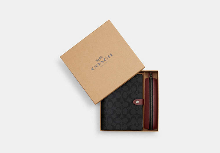 COACH®,BOXED NOTEBOOK AND PENCIL CASE GIFT SET IN COLORBLOCK SIGNATURE CANVAS,Signature Coated Canvas,Mini,Black Antique Nickel/Charcoal/Wine,Front View