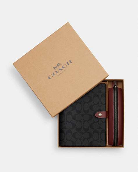 COACH®,BOXED NOTEBOOK AND PENCIL CASE GIFT SET IN COLORBLOCK SIGNATURE CANVAS,Signature Coated Canvas,Mini,Black Antique Nickel/Charcoal/Wine,Front View
