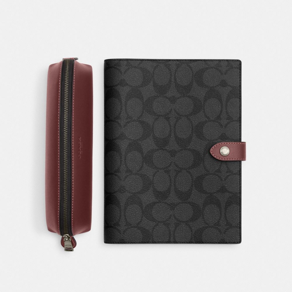 COACH®,BOXED NOTEBOOK AND PENCIL CASE GIFT SET IN COLORBLOCK SIGNATURE CANVAS,Black Antique Nickel/Charcoal/Wine,Inside View,Top View