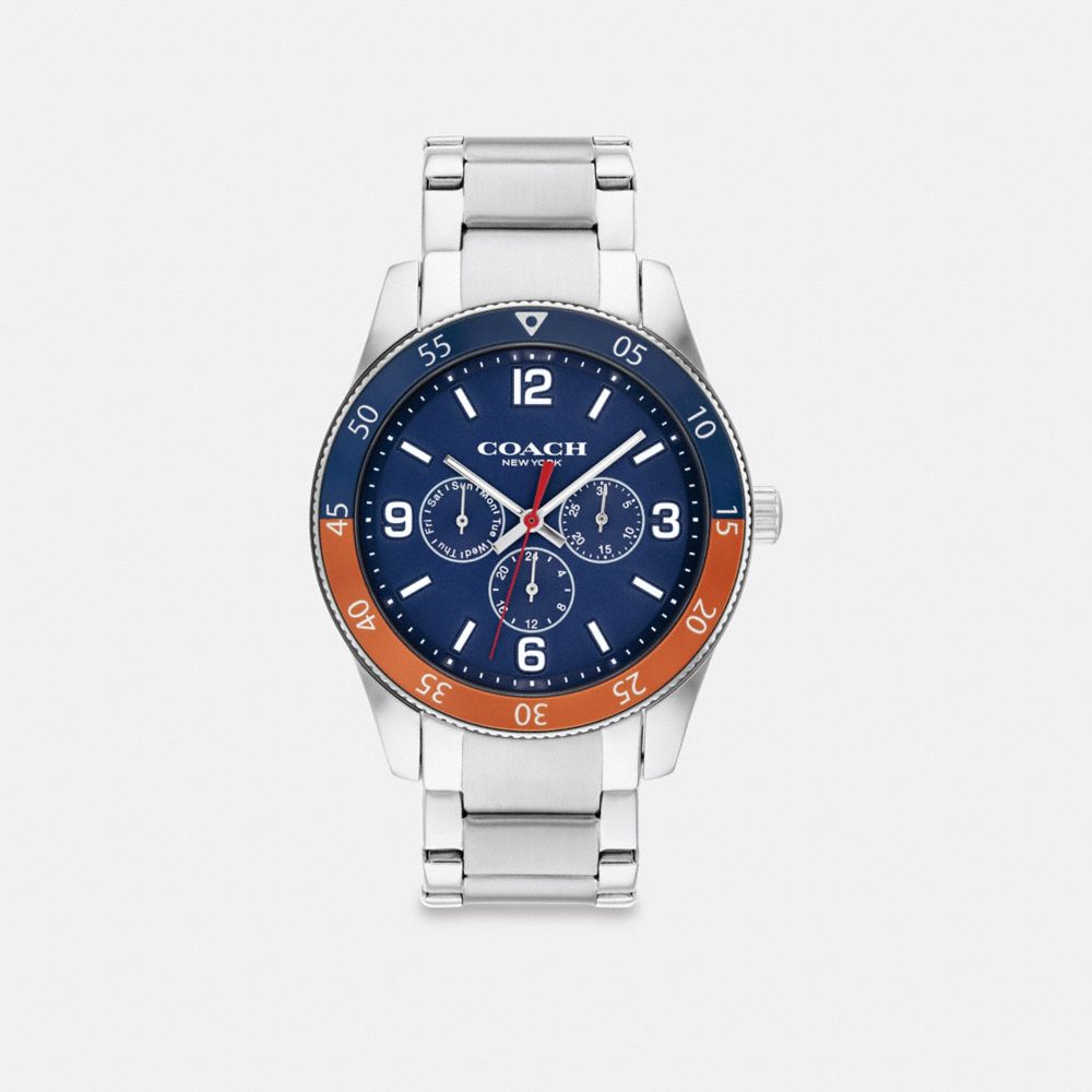 COACH®,MONTRE CASEY, 42 MM,Acier inoxydable,Bleu marine/Orange,Front View