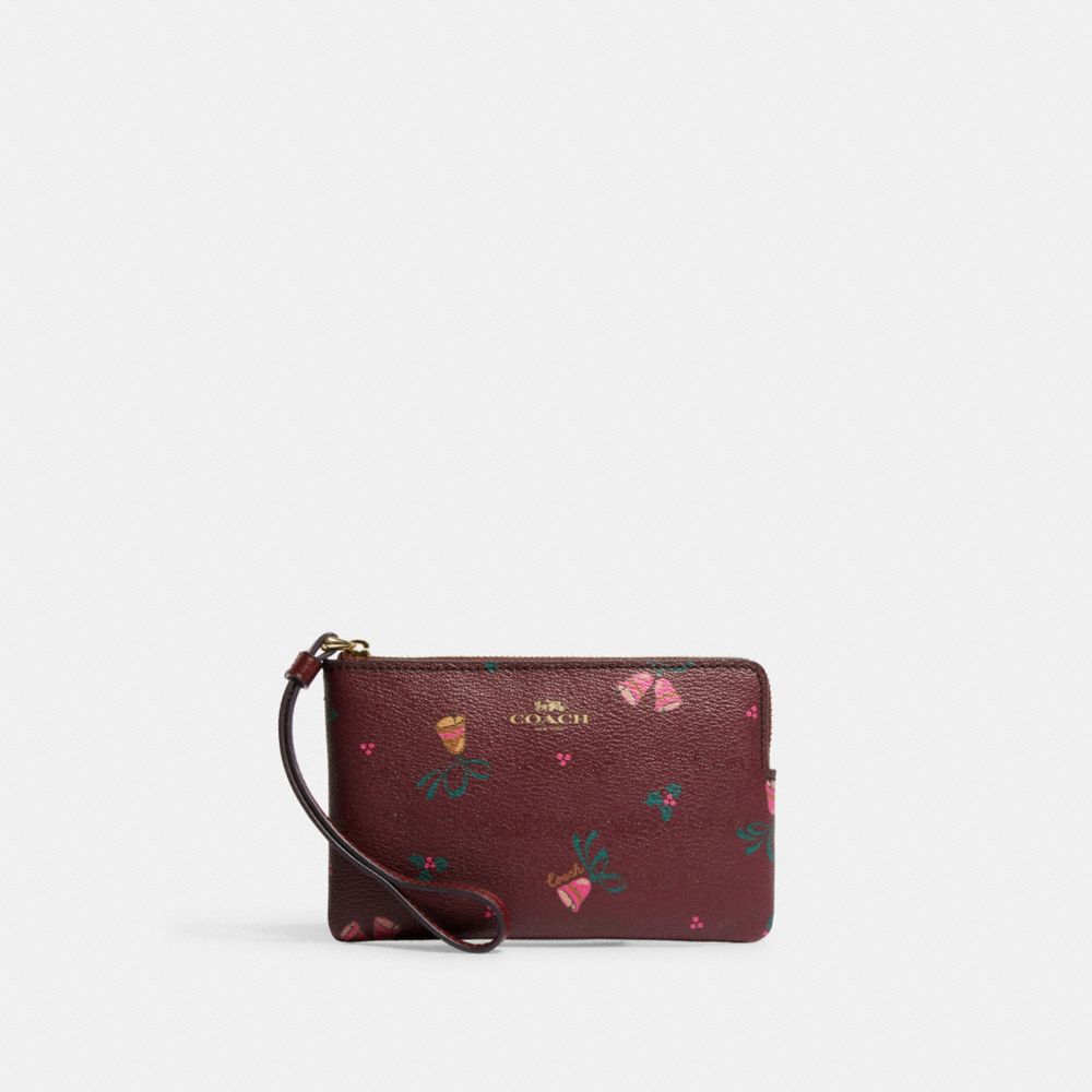 Corner Zip Wristlet With Holiday Bells Print