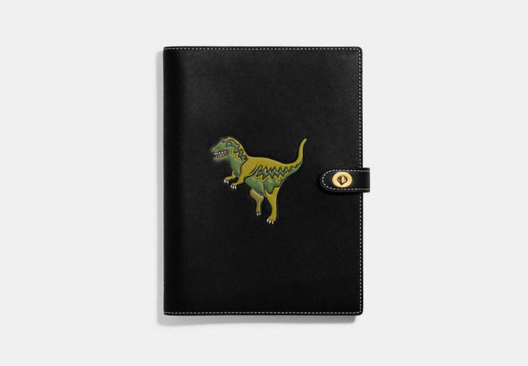 COACH®,NOTEBOOK WITH REXY,Glovetanned Leather,Brass/Black,Front View