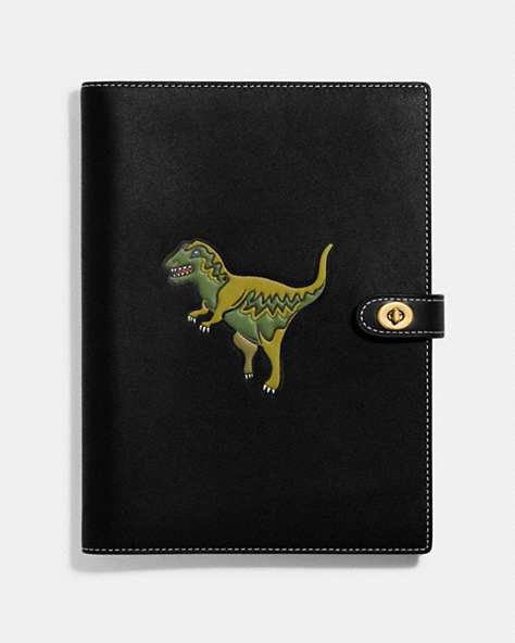 COACH®,NOTEBOOK WITH REXY,Glovetanned Leather,Brass/Black,Front View