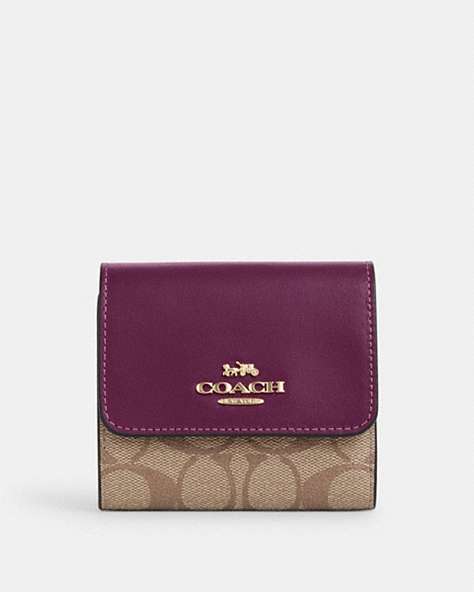COACH®,SMALL TRIFOLD WALLET IN BLOCKED SIGNATURE CANVAS,Signature Coated Canvas,Mini,Gold/Khaki/Deep Berry,Front View