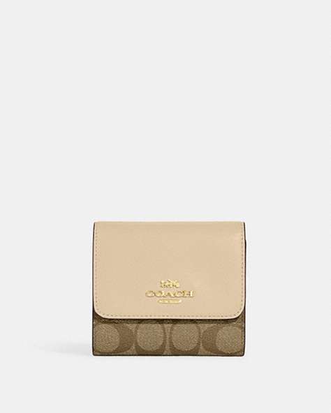 COACH®,SMALL TRIFOLD WALLET IN BLOCKED SIGNATURE CANVAS,Signature Coated Canvas,Im/Khaki/Ivory,Front View