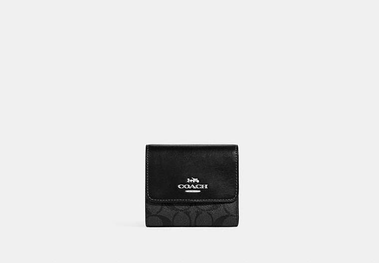COACH®,SMALL TRIFOLD WALLET IN BLOCKED SIGNATURE CANVAS,Signature Coated Canvas,Mini,Silver/Graphite/Black,Front View