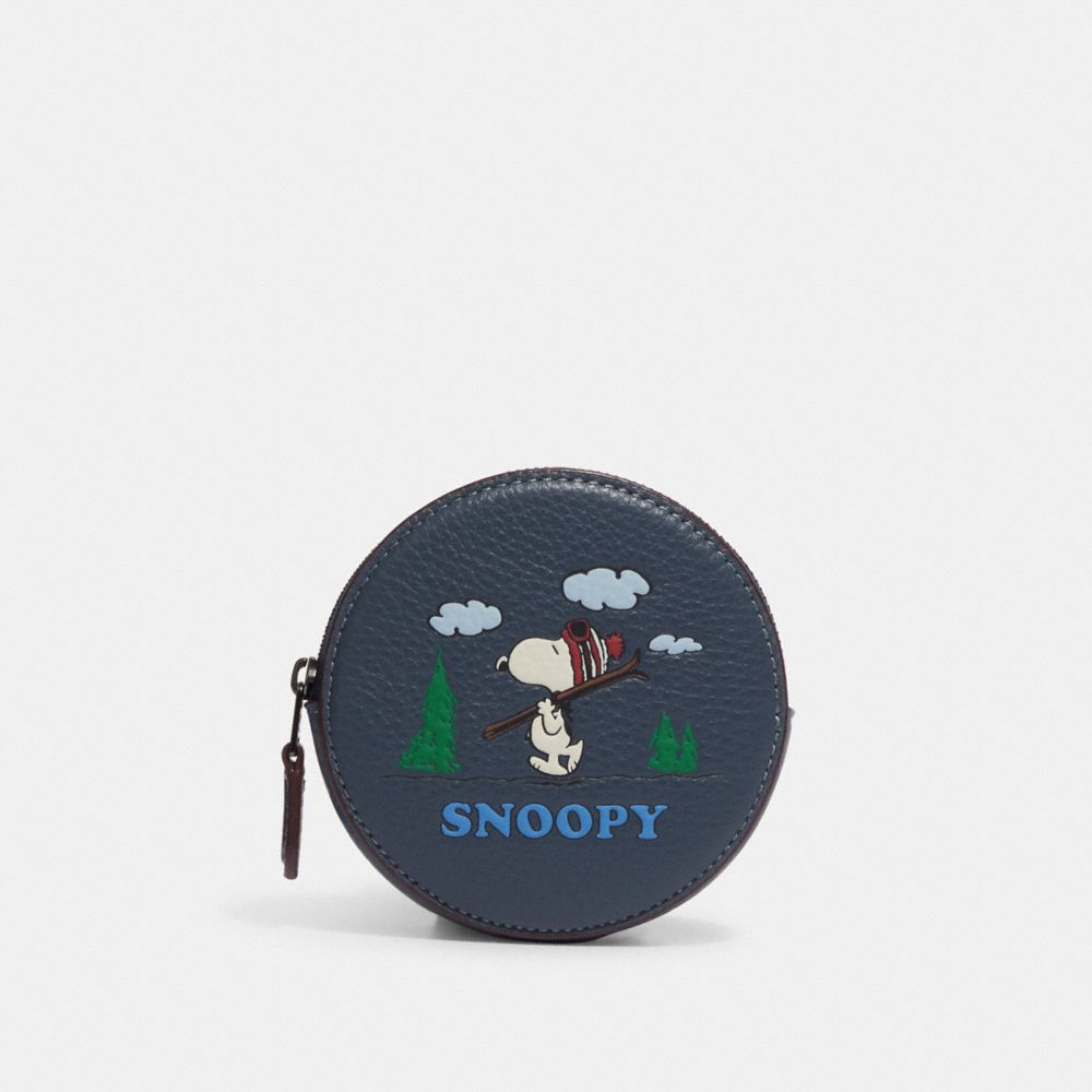 Coach X Peanuts Round Coin Case With Snoopy Ski Motif