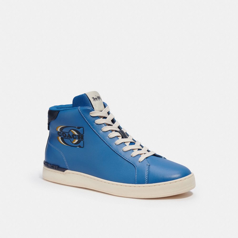 COACH®,CLIP HIGH TOP SNEAKER WITH RETRO SIGNATURE,Sky Blue Leather,Front View