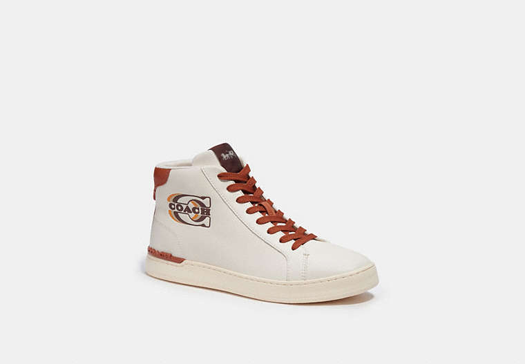 COACH®,CLIP HIGH TOP SNEAKER WITH RETRO SIGNATURE,Chalk/Clementine,Front View