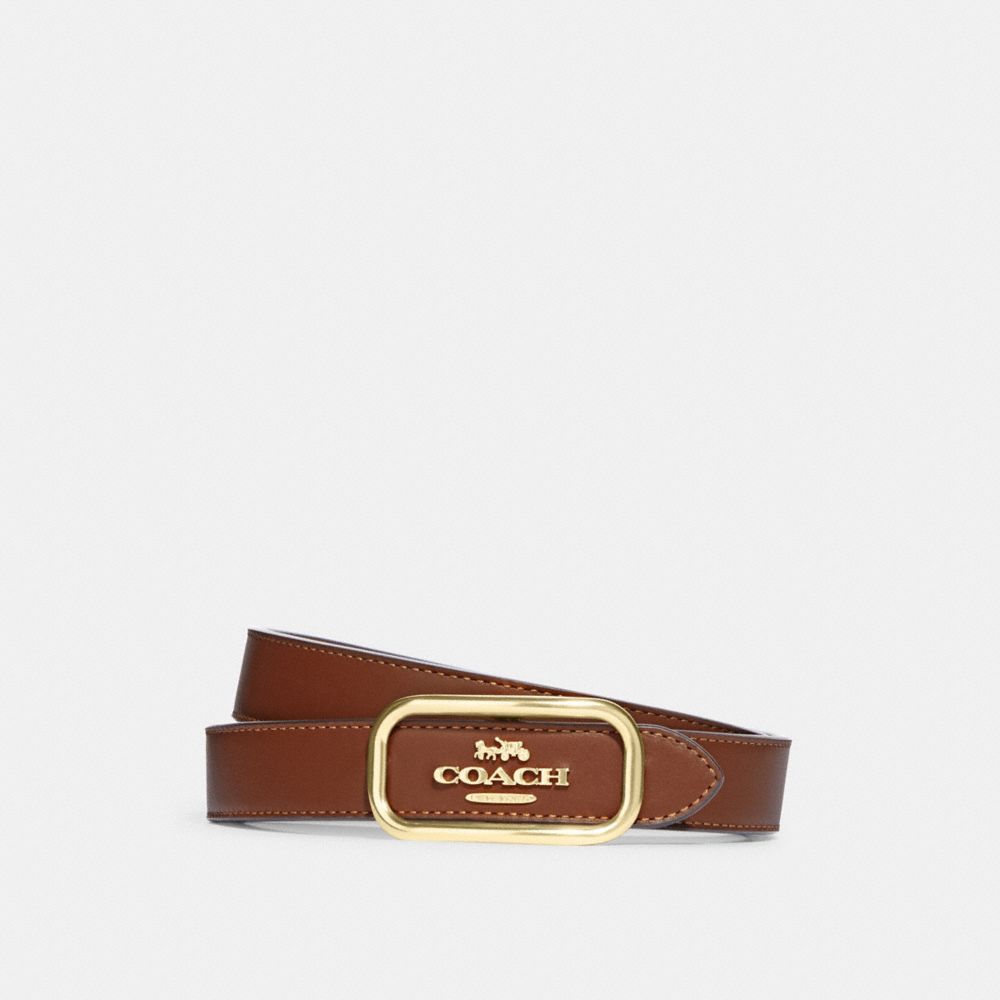 COACH®,MORGAN RECTANGLE BUCKLE BELT, 25MM,Gold/Saddle,Front View