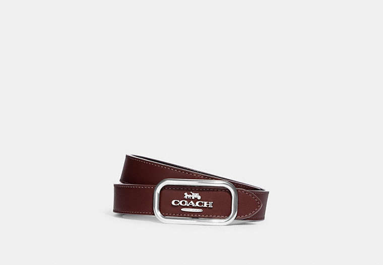 COACH®,MORGAN RECTANGLE BUCKLE BELT, 25MM,Silver/Wine Oxblood,Front View