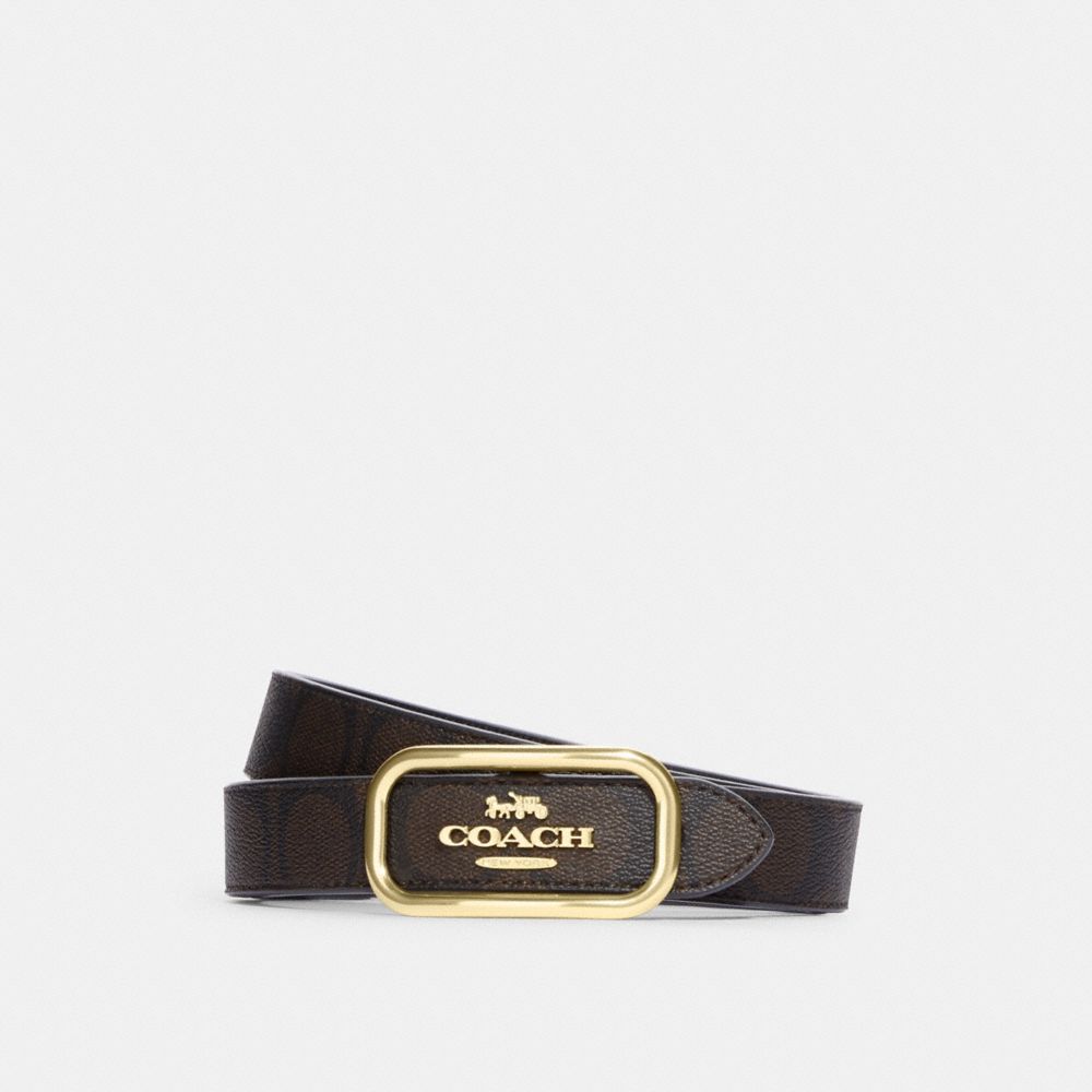 COACH®,MORGAN RECTANGLE BUCKLE BELT, 25MM,Gold/Brown Black,Front View