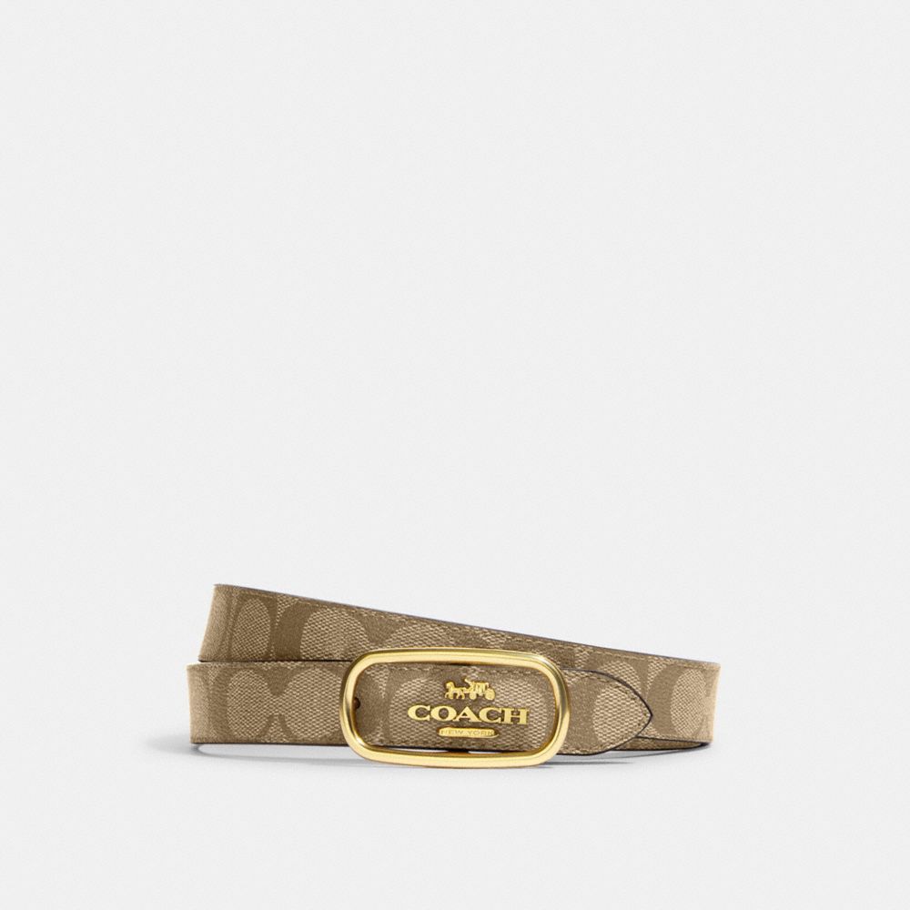 COACH®,MORGAN RECTANGLE BUCKLE BELT, 25MM,Gold/Khaki Saddle,Front View