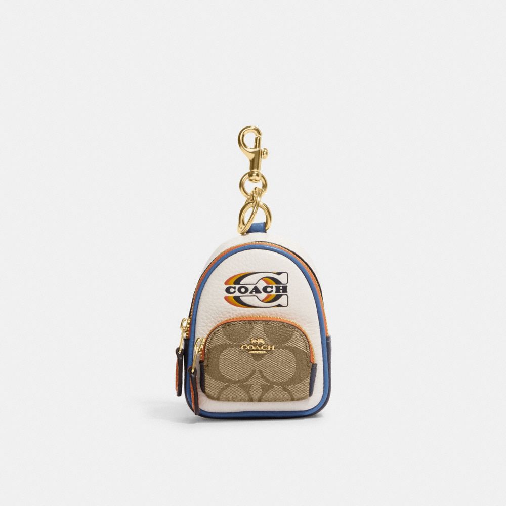 Coach Mini Court Backpack Bag Charm in Coated Canvas Gold Khaki Leather New