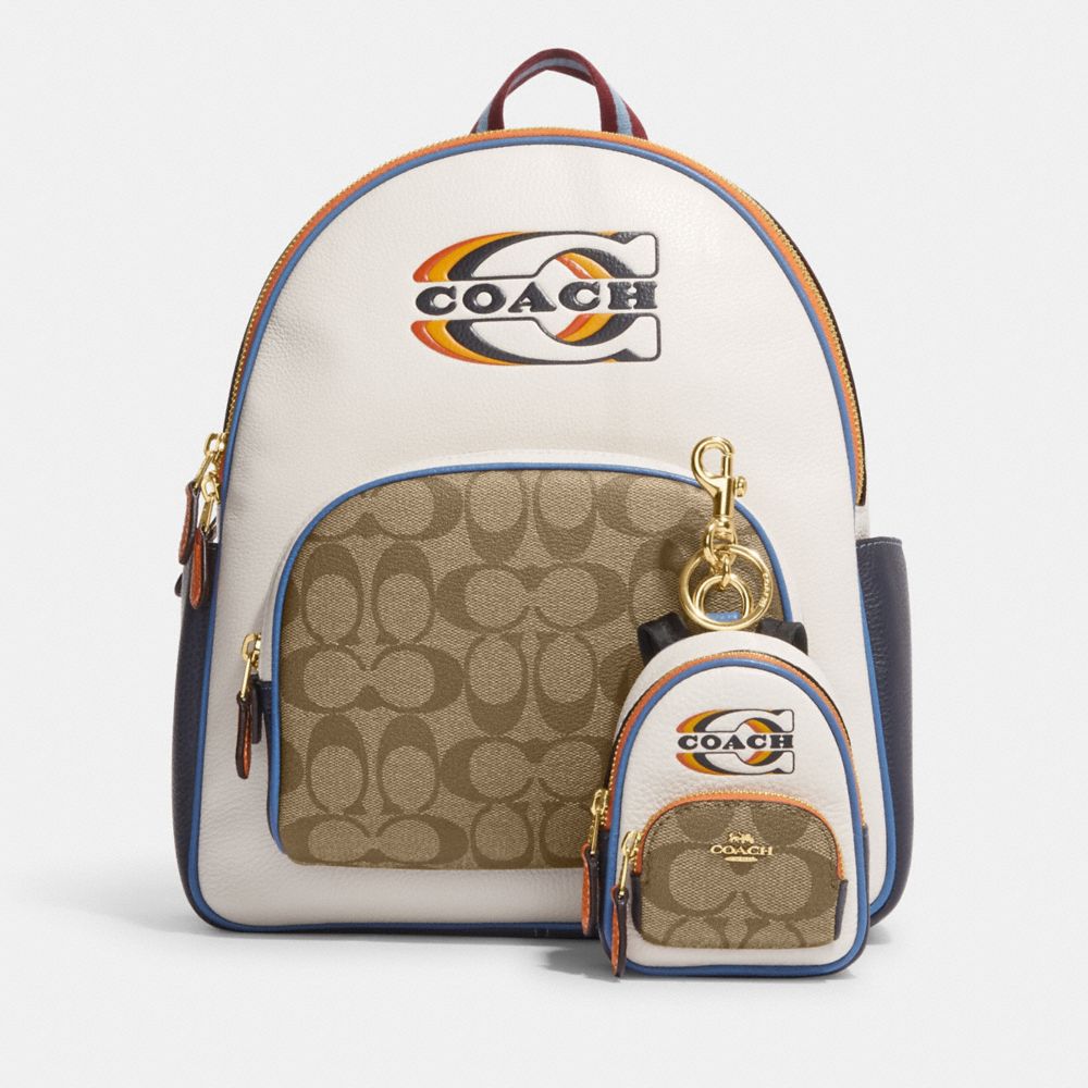 Coach Outlet Women's Mini Saddle Bag Charm In Signature Canvas - Gold/light Khaki Multi