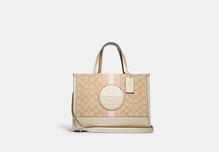 COACH®,DEMPSEY CARRYALL BAG IN SIGNATURE JACQUARD WITH STRIPE AND COACH PATCH,Jacquard,Medium,Im/Lt Khaki/Metallic Soft Gold,Front View