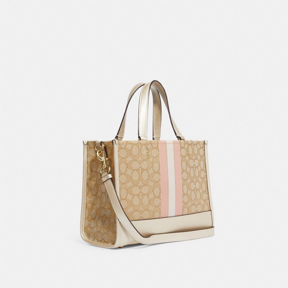 COACH®,DEMPSEY CARRYALL BAG IN SIGNATURE JACQUARD WITH STRIPE AND COACH PATCH,Medium,Im/Lt Khaki/Metallic Soft Gold,Angle View