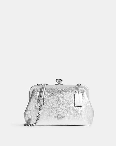 COACH®,NORA KISSLOCK CROSSBODY,Pebbled Leather,Silver/Metallic Silver,Front View