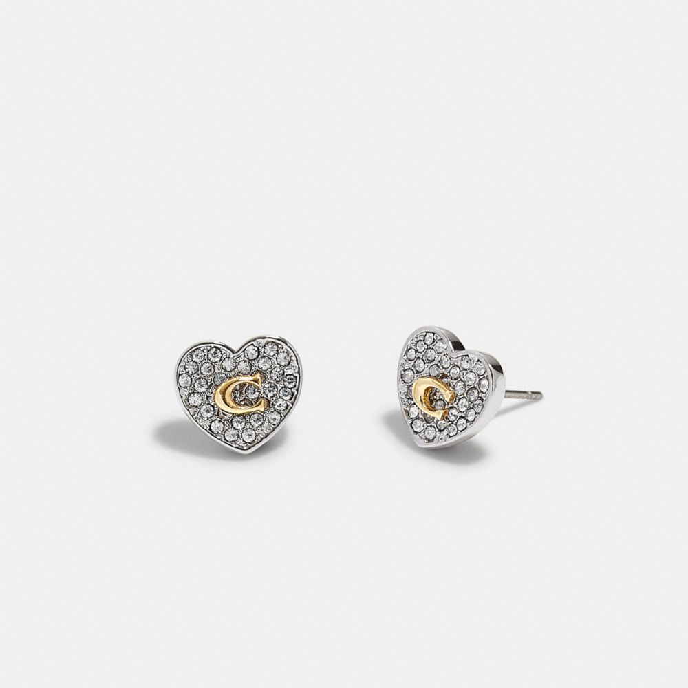 COACH®,PEGGED SIGNATURE HEART STUD EARRINGS,Plated Brass,Mini,Silver/Gold,Front View