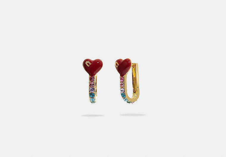 COACH®,HEART MINI HOOP EARRINGS,Plated Brass,Mini,Gold/Red Multicolor,Front View