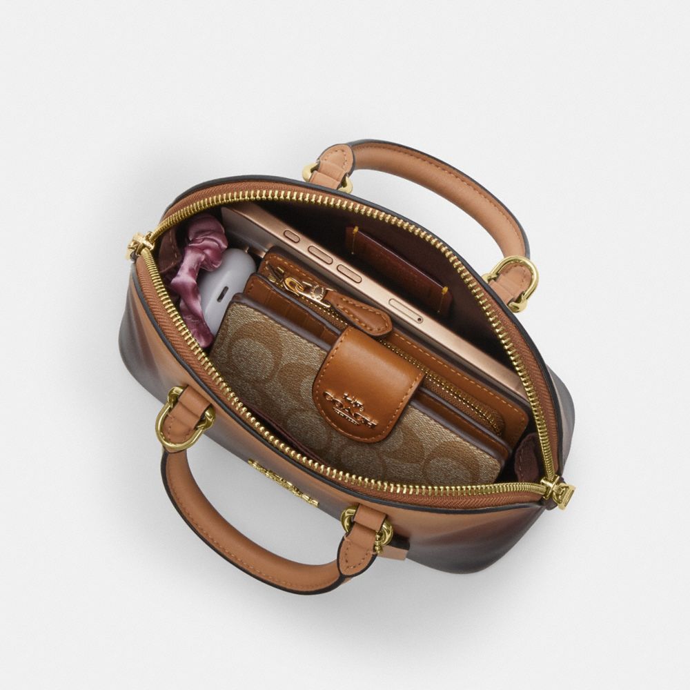 COACH®,Lara Mini Satchel Bag With Ombre,Recycled Polyester,Leather,Canvas,Bowler Bag,Logo,Metal,Gold Metal,Casual,Multi Color,Inside View,Top View