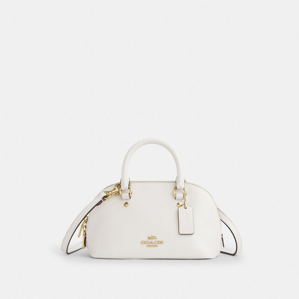 COACH®,Lara Mini Satchel Bag,Recycled Polyester,Satchel,Logo,Silver Metal,Casual,White,Front View