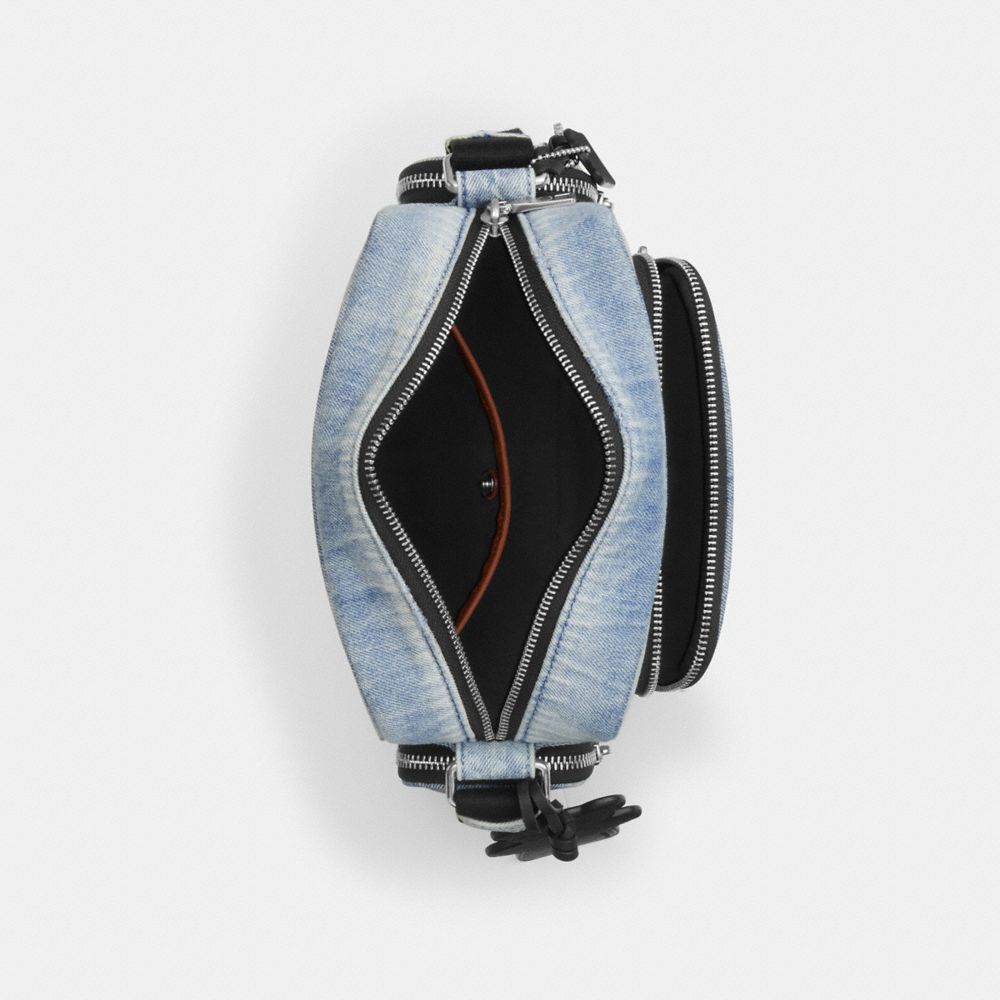 COACH®,Fletcher Crossbody Bag In Loved Signature Denim,Recycled Polyester,Cotton,Leather,Crossbody,Logo,Pendant,Sustainabl...,Blue,Inside View,Top View