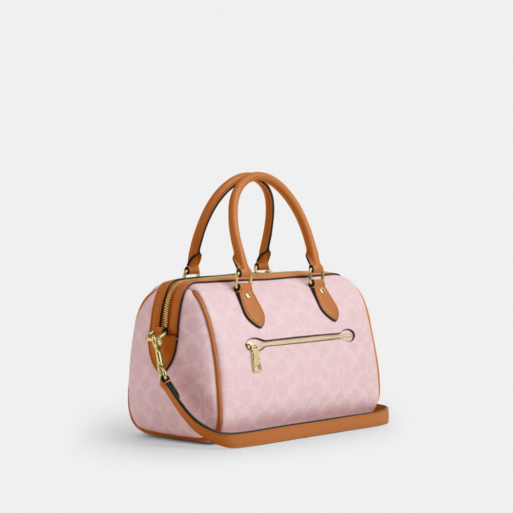 COACH®,Rowan Satchel Bag In Signature Canvas With Charms,Recycled Polyester,Leather,Canvas,Barrel Bag,Chain Detail,Metal,L...,Pink,Angle View