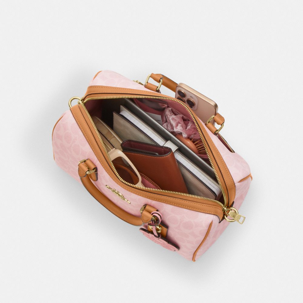 COACH®,Rowan Large Satchel Bag In Signature Canvas With Charms,Canvas,Leather,Recycled Polyester,Satchel,Metal,Piping,Logo...,Pink,Inside View,Top View