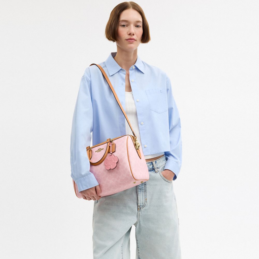 COACH®,Rowan Large Satchel Bag In Signature Canvas With Charms,Canvas,Leather,Recycled Polyester,Satchel,Metal,Piping,Logo...,Pink