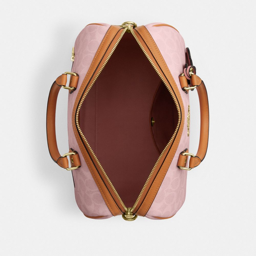 COACH®,Rowan Large Satchel Bag In Signature Canvas With Charms,Canvas,Leather,Recycled Polyester,Satchel,Metal,Piping,Logo...,Pink,Inside View,Top View