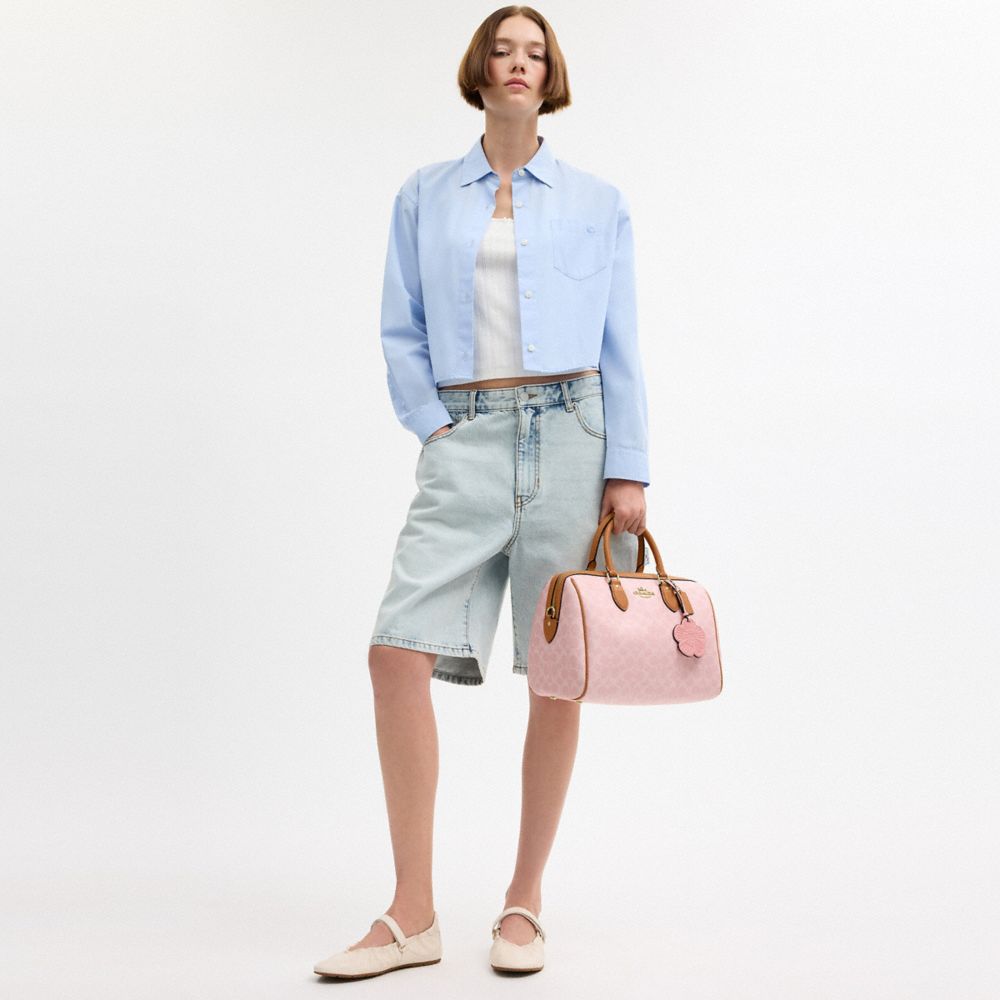 COACH®,Rowan Large Satchel Bag In Signature Canvas With Charms,Canvas,Leather,Recycled Polyester,Satchel,Metal,Piping,Logo...,Pink,Detail View