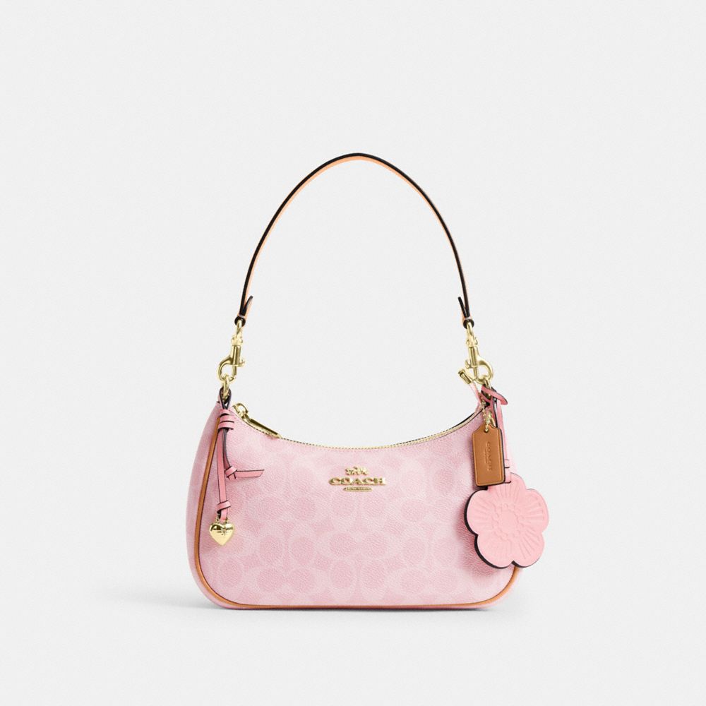 COACH®,Teri Shoulder Bag In Signature Canvas With Charms,Recycled Polyester,Leather,Canvas,Lining Recycled Polyester,Shoul...,Pink,Front View